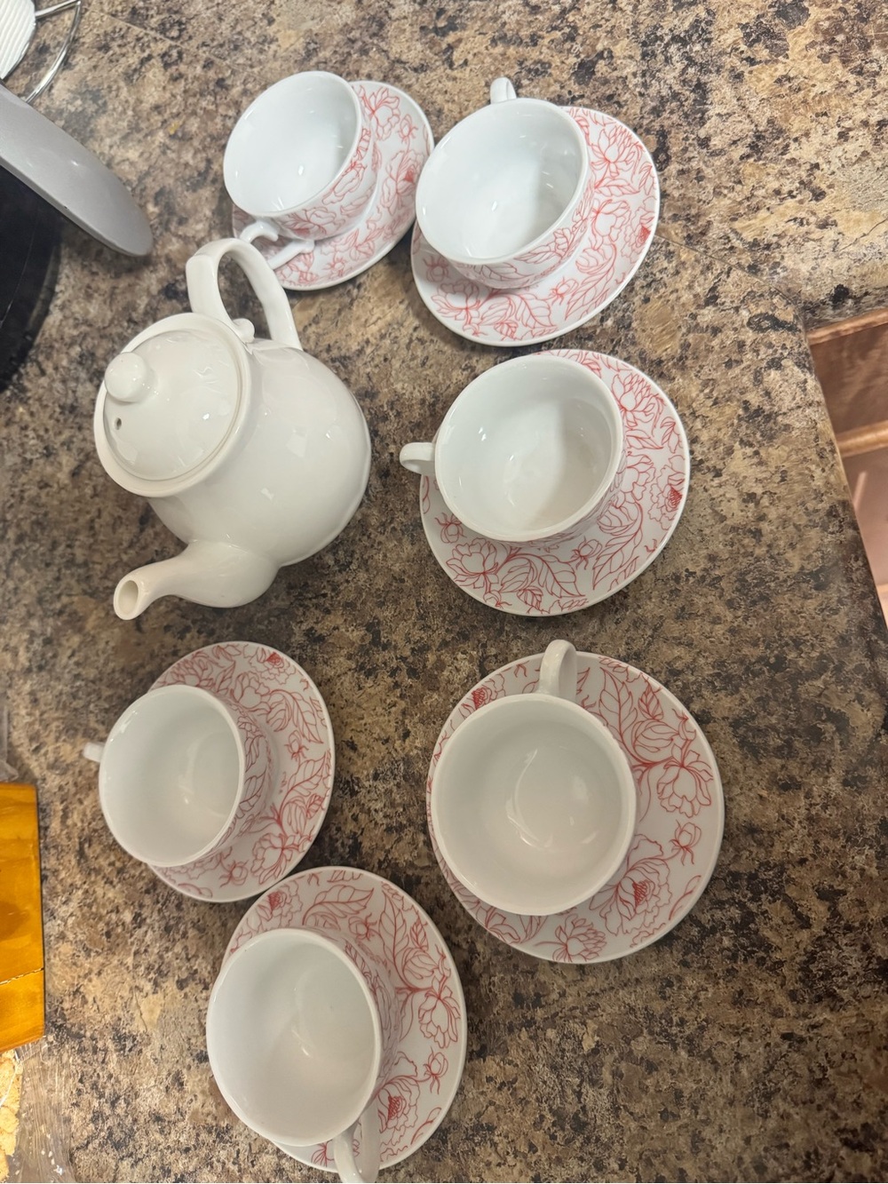 White Porcelain Tea Set with Pink Floral Trim - 6 Cups & Teapot